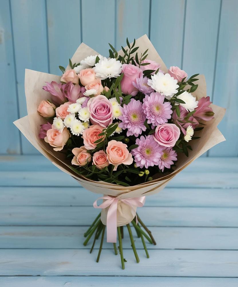 Букет цветов из: Хризантемы, Розы и Альстромерии в Скобелевской Краснодарский край