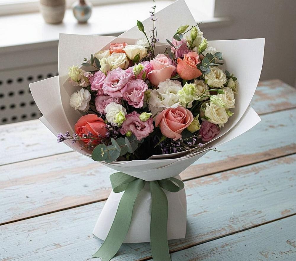 Букет цветов из: Розы, Лизиантусы и Гвоздики в Скобелевской Краснодарский край