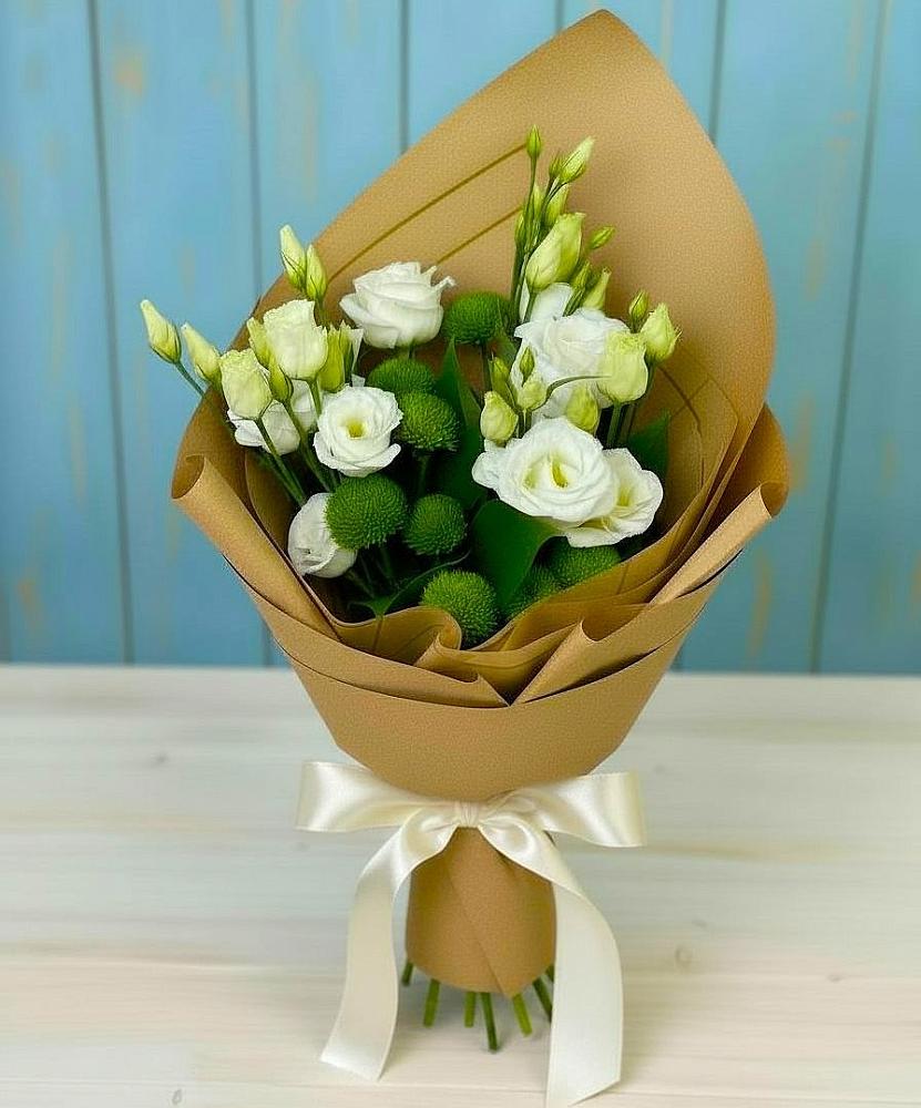 Букет цветов из: Хризантемы и Лизиантусы в Скобелевской Краснодарский край