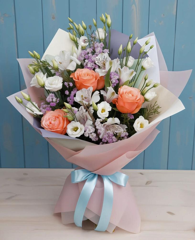 Букет цветов из: Лизиантусы, Розы, Альстромерии и Гипсофила в Скобелевской Краснодарский край