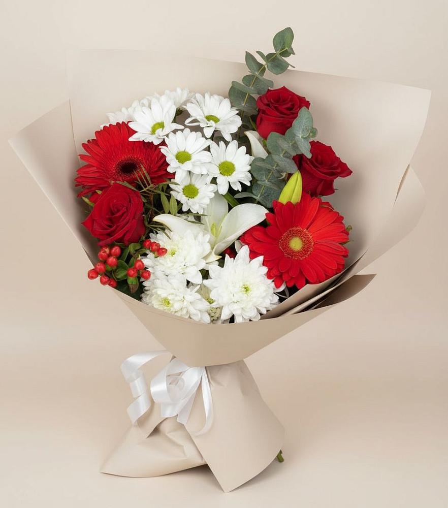 Букет цветов из: Розы, Хризантемы, Герберы и Лилии в Скобелевской Краснодарский край