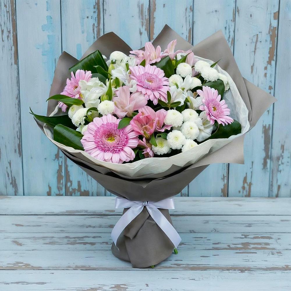 Букет цветов из: Герберы, Альстромерии и Хризантемы в Скобелевской Краснодарский край