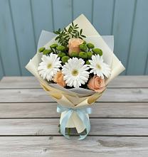 Букет цветов из:  Герберы, Розы и Хризантемы в Скобелевской Краснодарский край