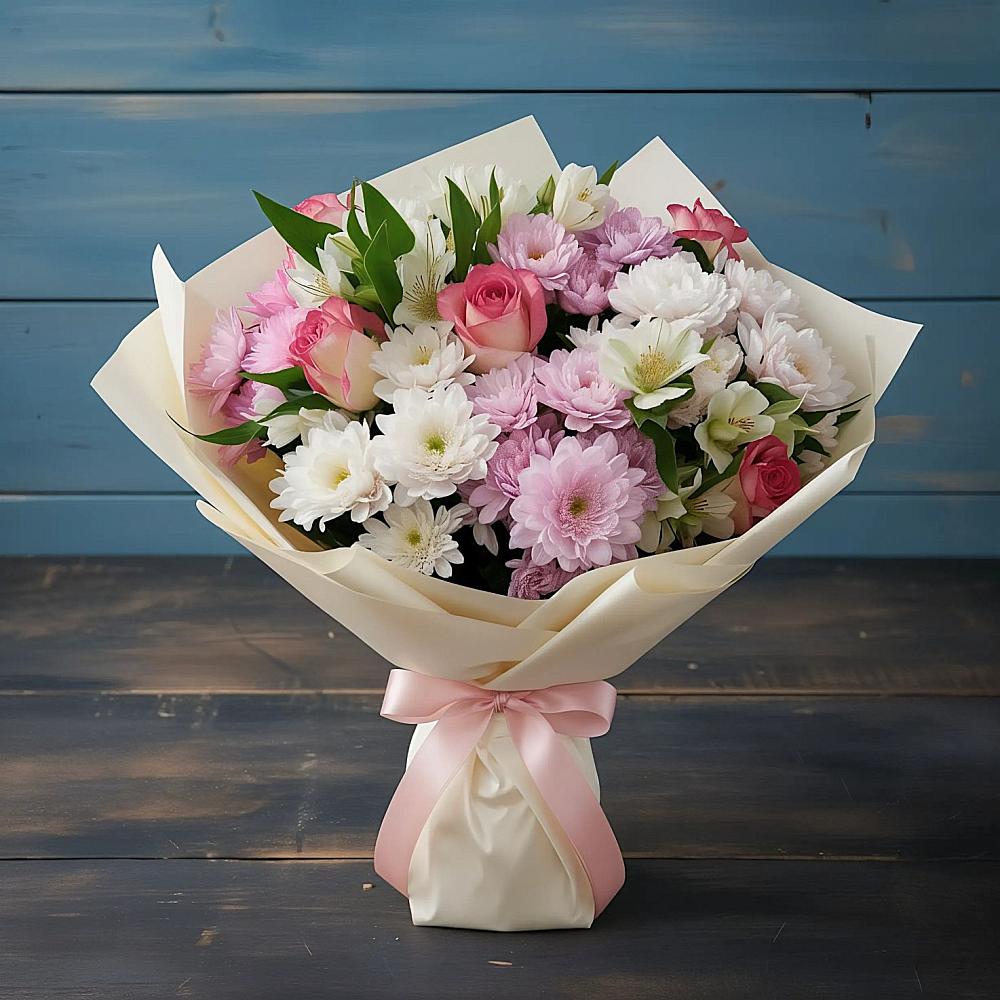 Букет цветов из: Хризантемы, Альстромерии и Розы в Скобелевской Краснодарский край